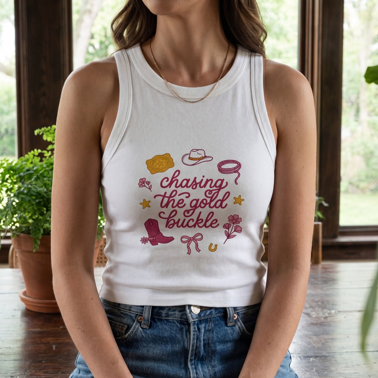 Chasing the Gold Buckle Tank Top - Flawless Cowboy Romance